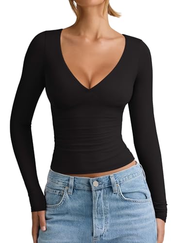 REORIA Womens 2025 Fall Fashion Deep V Neck Long Sleeve Shirts Double Lined Casual Slim Fitted Tops