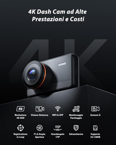 iZEEKER 4K Dashcam, Dash Cam Frontale 2160P Con Scheda SD 32G, Schermo IPS da 3 Pollici, Super Visione Notturna, WDR, Telecamera con registrazione d'emergenza, Registrazione in Loop, G-sensore - 2