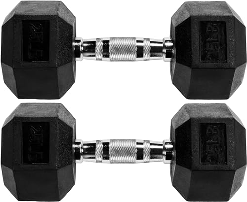 Fitvids Rubber Encased Hex Dumbbell – 25LB – 25LB Pair – Black