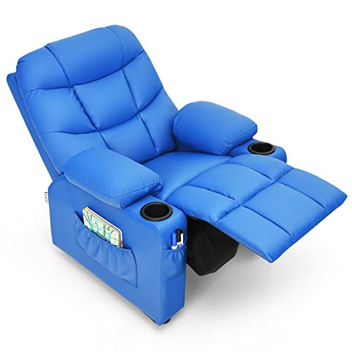 Glacer Kids Recliner Chair W/Cup Holder & Side Pockets, Children Recliner W/Comfortable Backrest, Armrests & Footrest, Toddler Pu Leather Recliner For Boys Girls, 3+ Age Group (Blue) #TOP11