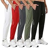 XWC 5 Pack Men's Athletic Joggers with Pockets and Zipper, Drawstring Elastic Waist, Quick Dry Lightweight Pants (US, Alpha, Large, Regular, Regular, Teal/Black/Red/Light Grey/White)