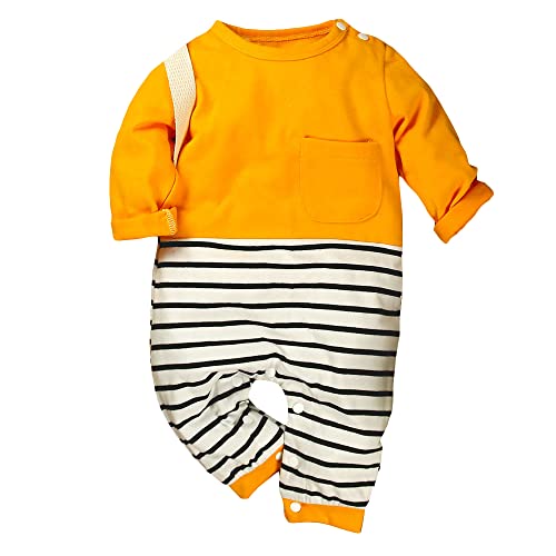 Image of Hopscotch Boys Polyester And Cotton Full-Sleeve Stripe Print Bodysuit in Yellow Color