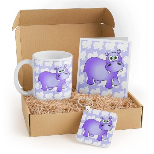 3dRose Cute Hippo Gift Set for Kids - Mug, Card, and Keychain - Purple Hippopotamus Design - Perfect for Animal Lovers and Birthdays