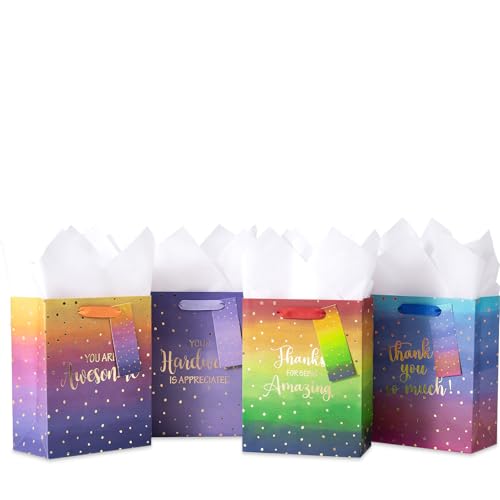 Image of Loveinside Medium Size Gift Bags, Employee Appreciation Thanks Pattern Gift Bag with Tissue Paper for Shopping, Parties, Wedding, Baby Shower, Craft-4 Pack, 7 inch X 4 inch X 9 inch