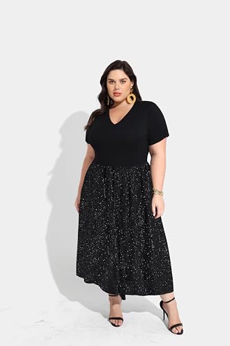 RITERA Plus Size Dresses for Curvy Women Short Sleeve Summer Dress V Neck High Waisted Womens Patchwork Casual Dress XL-5XL3