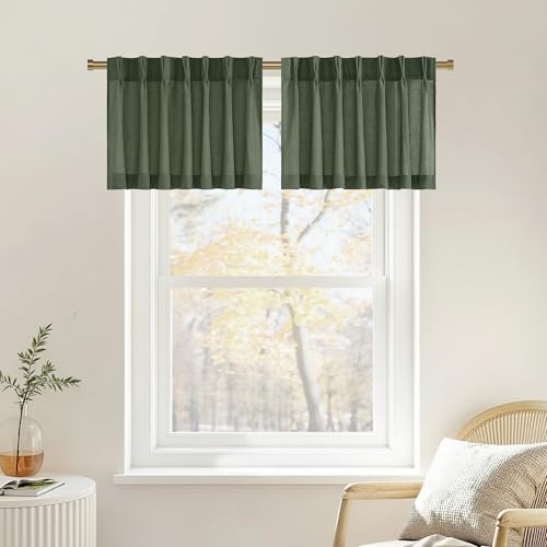 NICETOWN Pinch Pleated Linen Valances for Windows, 2 Panels Set Forest Green Farmhouse Light Filtering Small Sheer Curtains for Cafe Bar Kitchen Over