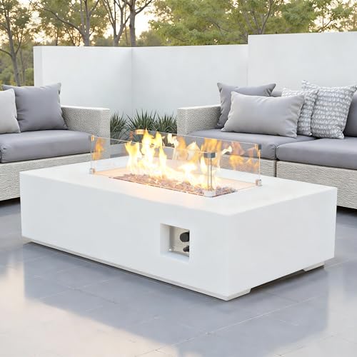 EXPLUX Outdoor Propane Gas Fire Pit Table 65,000 BTU 52-inch Concrete(GFRC) Rectangle Fire Pit for Outside Patio with 304 Stainless Steel Burner,Wind Guard,Crystal Blue Fire Glass,Rain Cover,White