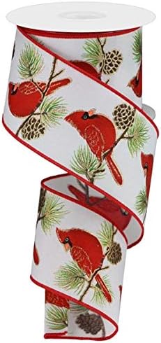 Cardinal on Branch Wired Edge Ribbon - 2.5" x 10 Yards (White)