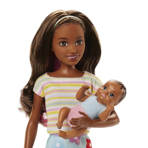 Image of Barbie Dolls and Accessories, Brunette Skipper Doll with Baby Figure and 5 Accessories, Babysitters Inc. Playset