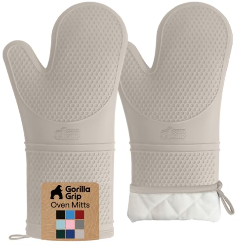 Image of GORILLA GRIP BPA-Free Soft Silicone Oven Mitts, 14.5x8.3, Heat Resistant and Waterproof Cooking Gloves, Thick Cotton Lining, Flexible Gripping for Baking Grilling, Kitchen Potholders Set of 2, Almond