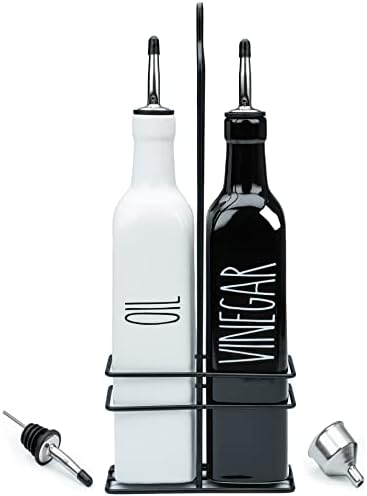 Heartland Home Ceramic Olive Oil and Vinegar Dispenser Set. Bottles, Kitchen Caddy, 3 Oil Pourer Spouts and Funnel! 21oz Glass Bottle Container. Salad Dressing or Cooking Oil Cruet (Black and White)