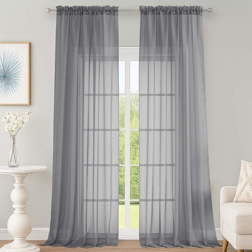 Image of OWENIE Grey Sheer Curtains 120 Inches Long 2 Panels Set, Airy Lightweight Sheer Grey Curtains for Living Room Bedroom, Farmhouse Voile Filmy Rod Pocket Curtains Drapes, 2 Pcs, Each 59 inch Wx120 L Inch