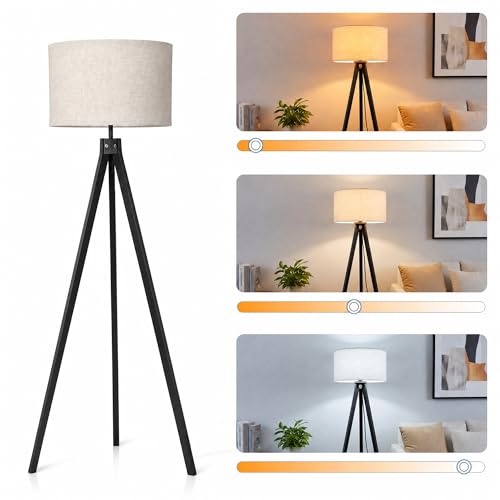 LAMSITE Black Wood Tripod Floor Lamp: Mid Century Farmhouse Standing Lamp with Linen Shade Foot Switch and 3 Color Temperatures LED Bulb for Living Room Bedroom Office Reading