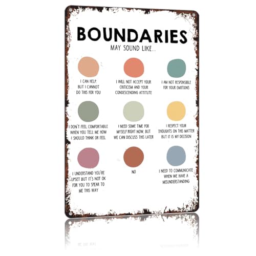KERUNSM 12x8 Inch Aluminum Vintage Boundaries Communication Wall Decor Sign, Mental Health Boundary Reminder Metal Tin Sign for Therapy Office, Living Room Bedroom Home Wall Decor