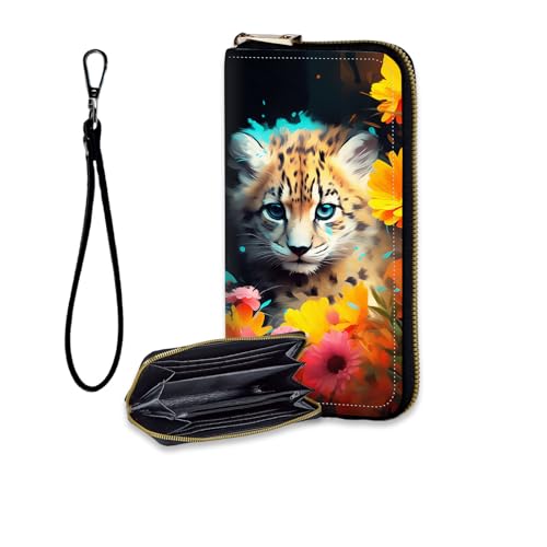 RFID Blocking Women's Wristlet Purse - Detachable Wrist Strap, Compact Foldable Design with 12 Card Slots & Zip Pocket Wallet for Travel,Gym,Everyday Security,Cute Baby Leopard Flower