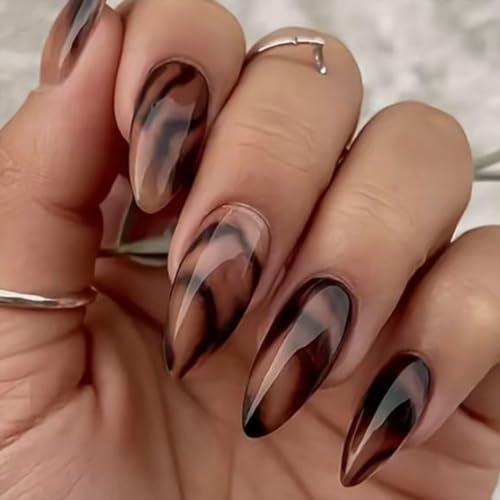 Fall Brown Press on Nails Medium Almond Fake Nails Gradient Acrylic Nails