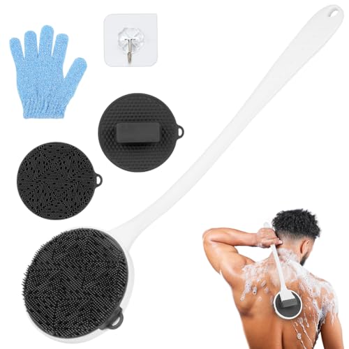 LOPHE Spazzola per il Corpo, 3 Pezzi Spazzola Scrub Corpo in Silicone Rimovibile, Spazzola Schiena a Lunga con Guanto Esfoliante, Esfoliazione per Lavare la Schiena Unisex(Grigio)