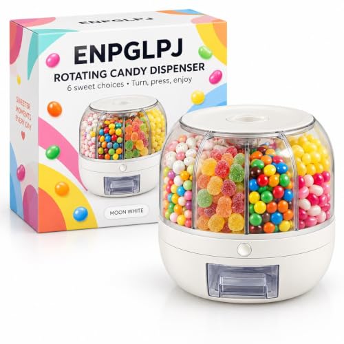 Rotating Candy Dispenser 6 Compartments with Push Button for Easy Serving