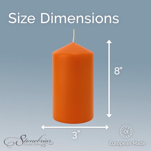 Image of Stonebriar Unscented Pillar Candles - 80 Hour Burn Time, Long-Lasting Wax Candles for Weddings, Holidays, Home Decor & Special Events, Pack of 6, Orange, 3 inch x 8 inch