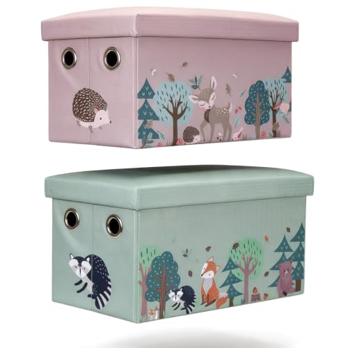 QMBasic 2 Kinder Sitztruhe faltbar zum Spielzeug Aufräumen in Truhe Sitzbank Kiste Stoff Aufbewahrungsbox mit Stauraum, Deckel, Motiv wilde Tiere Wald, Igel Reh Fuchs, Jungen & Mädchen