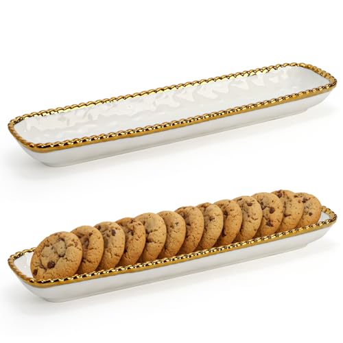 SOUJOY 2 Pack Porcelain Cracker Tray with Gold Pearl Edge,