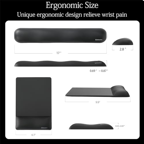 Image of UnivoColors Design-Wave Set of Keyboad Wrist Rest & Mouce Pad,Artificial Sheepskin+Memory Foam+Ergonomic+Anti-Slip Gel, Resilience Support During Work and Gaming,Keyboard Accessory,Black