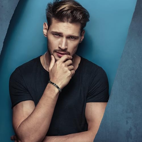 Flongo Men's Biker Stainless Steel Skull Skeleton 8MM Black Bead Stone Bracelet2