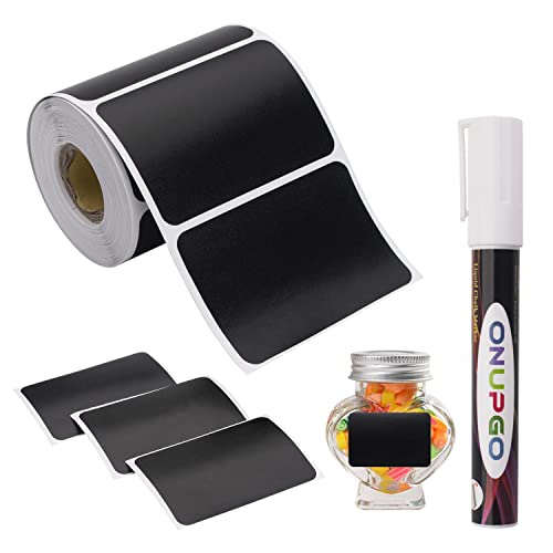 ONUPGO Étiquettes de tableau-180pcs Autocollants de Tableau Noir réutilisables imperméables avec 1 marqueur de Craie Liquide pour Pots Mason, décoration de fêtes Cover