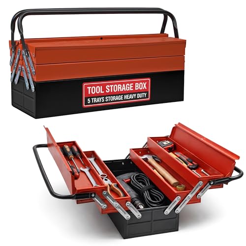 Image of Crystals 3 Tiers - 5 Trays Metal Tool Box, Cantilever Organiser Storage Box for Garage Home Tools, Toolbox - Red (56 x 30 x 20cm)