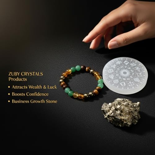 Image of inchOriginal Pyrite Stone with Natural Selenite Charging Plate | Lab Certified Crystal Set for Wealth, Business Luck, Reiki Healing & Vastu Energy inch (SEL+PYRITE PY + BRACELET)