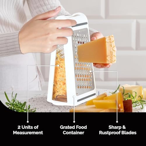 Image of Professional Cheese Grater - Stainless Steel, XL Size, 4 Sides - Perfect Box Grater for Parmesan Cheese, Vegetables, Ginger - Dishwasher Safe (White)