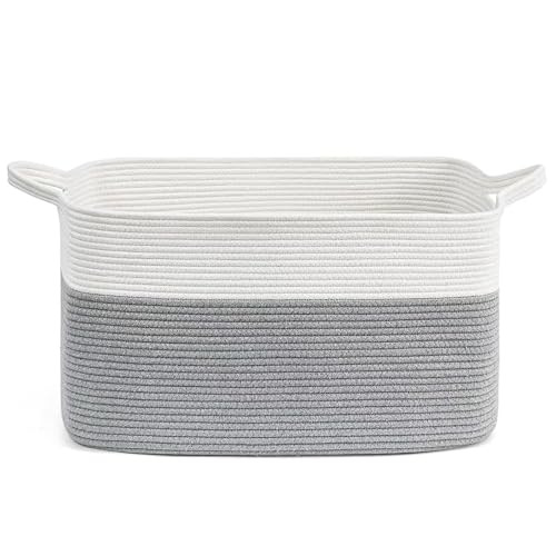Large Foldable Woven Laundry Basket Storage with Handle for Baby Clothes Toy Blanket Bedding Towel 55 * 38 * 30cm,Suitable for Living Room Bedroom Bathroom (Grey & White)