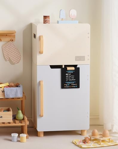ROBOTIME Wooden Toy Fridge for Kids Realistic Play Fridge with Freezer Blackboard Egg & Ice Cream Accessories Spacious Storage Play Refrigerator for Kids Perfect Play Kitchen Pretend Kitchen Toy