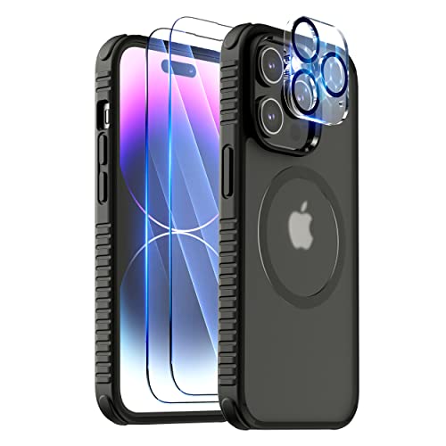 FLOVEME für iPhone 14 Pro Hülle [5 in 1] Handyhülle iPhone 14 Pro Case [Militärischer Schutz] [Kompatibel mit Magsafe] [Kratzfeste] mit 2 Schutzfolie, 1 Kameraschutz, 1 Magnetring - Matte Schwarz Cover