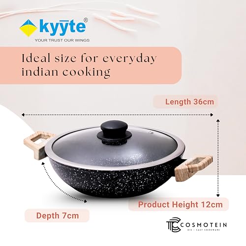 Image of kyyte CosmoTein Die Cast Non Stick Kadhai with Glass Lid 24 cm Dia 2.4L,Curry,Dal,Nonstick Kadai Wok with 5 Layer Coating,Gas &Induction Stove Friendly,Dishwasher Safe,PFOA&PFOS Free, Safe&Toxic-Free.