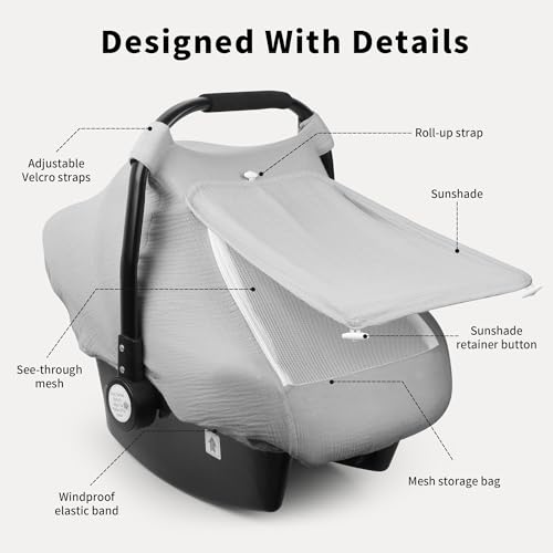 Image of Rquite Car Seat Cover Baby, Carseat Covers Girl Boy, Breathable Muslin Cotton, Large Mesh Window, Infant Car Seat Canopy Baby Carrier Cover Stroller Sun Shade for Summer & Hot Day, Grey