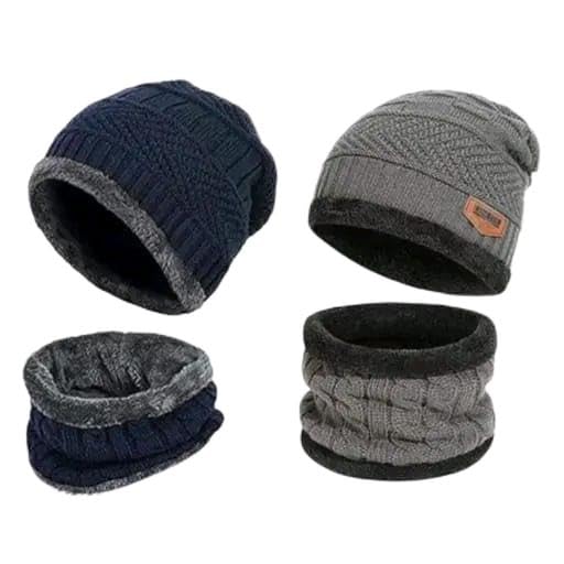 Men's Winter Woolen Cap and Neck Warmer Set with Fur Lining, Knitted Beanie and Snood Combo, Black and Navy Blue, 2 Piece Set-image-30