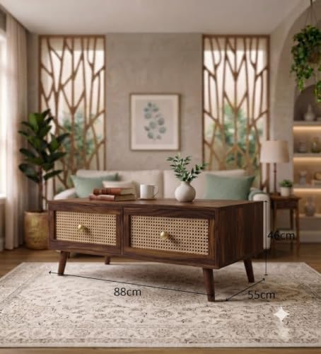 Image of Solid Sheesham Wood Coffee Table & Center Table for Living Room with Rattan Cane Lift-Down Shutter & Open Shelf, Solid Wooden Teapoy for Sofa with Storage | Tea Table