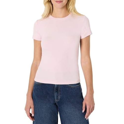 Amazon Essentials Camiseta Elástica de Manga Corta y Corte Ajustado con Canalé Mujer, Lila Pastel, XL