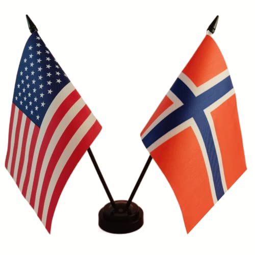 Us American & Norway Friendship Table Flag Display, American & Norway Table Flag, Usa & Norwegian Twin Desk Flag Set-Miniature Norwegian Desktop Flag #TOP15