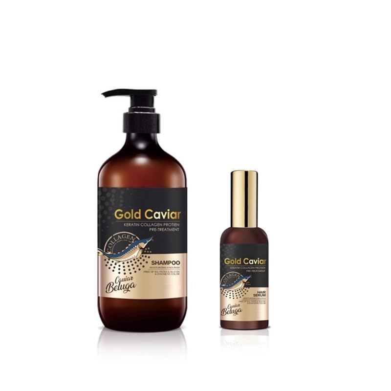 Keratine Gold Caviar Shining Nourishing Keratin Collagen Hair Conditioner,Shampoo,Hair Mask&Hair Serum/Oil. (Shampoo/oil (2))