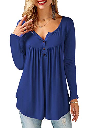 Amoretu - Camisa de manga larga para mujer, estilo casual, con cuello en V A - Bleu. 50-52