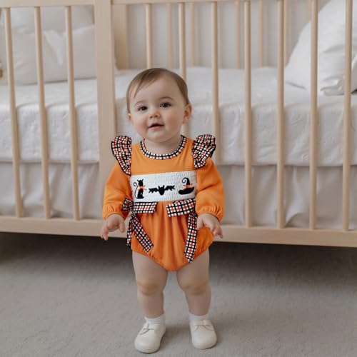 Bowanadacles Newborn Baby Girl Halloween Outfit Clothes Embroidery Smocked Romper Long Sleeve Bubble Bodysuit Top4