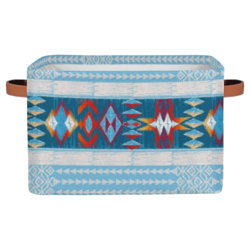 Boho Style Blue Ethnic Painted Square Storage Basket, Fabric Storage Bin with Leather Handles Aztec Pattern Collapsible Storage Bin Nursery Hamper for Organizing Toys, Clothes, Books, Gift Baskets