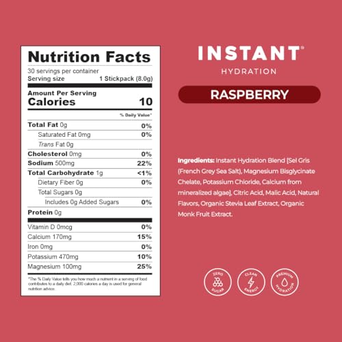 Image of Instant Hydration Electrolytes Powder Packets - Raspberry Electrolyte Drink Mix - Zero Sugar - Keto, Vegan, Gluten-Free, Non-GMO - Boost Recovery, Brain Health, Muscle & Tissue Support- 30 Sticks