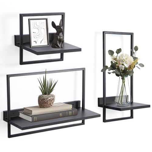 Generisch 3er Set Wandregale aus Holz - Schwebende Regale Quadratisch | Hängeregale für Wohnzimmer, Küche & Schlafzimmer | Dekoratives Bücherregal mit Metallhalterung | Einfache Montage (Mattschwarz)