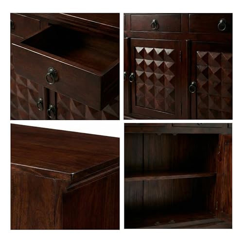 Image of SONA ART & CRAFTS Diamond Solid Sheesham Wood Sideboard Cabinet Storage Organizer with 3 Drawer & Door Cabinet for Home Living Room & Bedroom Multi Shelves Cabinets Hallway Dinning (Walnut Finish)