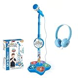 Kids Karaoke Microphone with Adjustable Stand,Standing Mic for Portable Singing, Retractable Headset for Music Sing-along,Flashing Stage Light Base for Aged 3-6 Boys Girls （Blue）