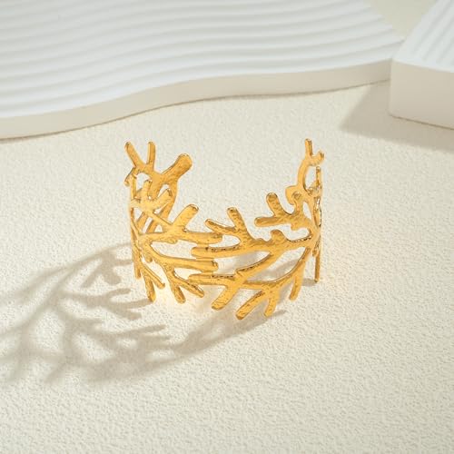 WOWORAMA Chunky Gold Shell Cuff Bracelets for Women Wide Hammered Starfish Bracelet Gold Coral Reef Bracelet Boho Summer Beach Statement Bracelets4