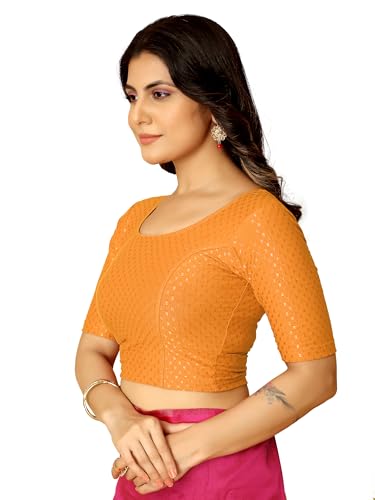 Image of Amazon Brand - Anarva Round Neck Dobby Cotton Lycra Stretchable Elbow Half Sleeve Readymade Saree Blouse for Women Stylish